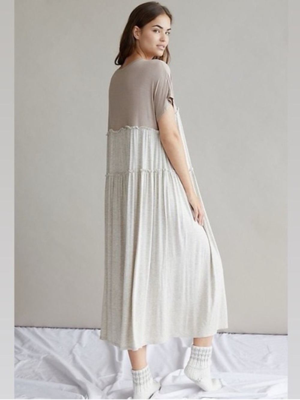 Anthropologie Saturday/Sunday Relaxed Tiered Maxi Dress in Taupe and Light Gray